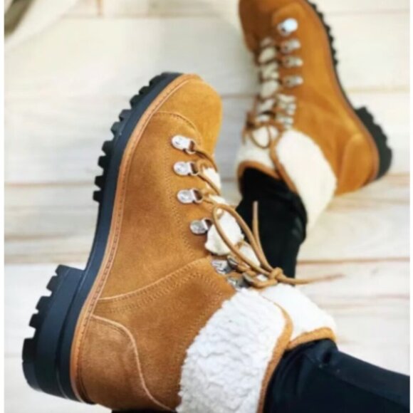 Marc Fisher Isalia Ankle Boots Lug Sole Plush Combat Booties Tan Brown Size 8 - Picture 1 of 9